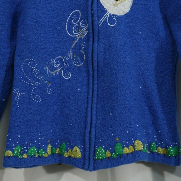 Kids Christmas Sweater Cardigan Blue Beaded Santa Reindeer Holiday Village Small - Picture 4 of 7